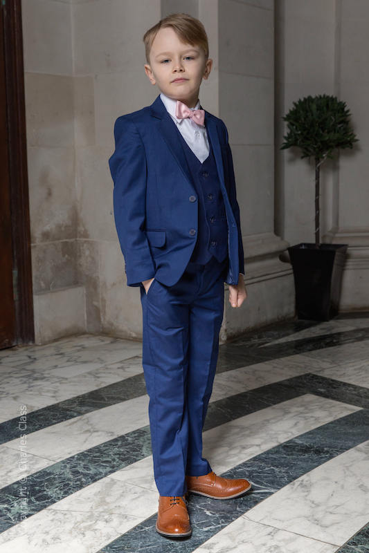 Boys Royal Blue Suit with Pale Pink Dickie Bow Tie | Charles Class
